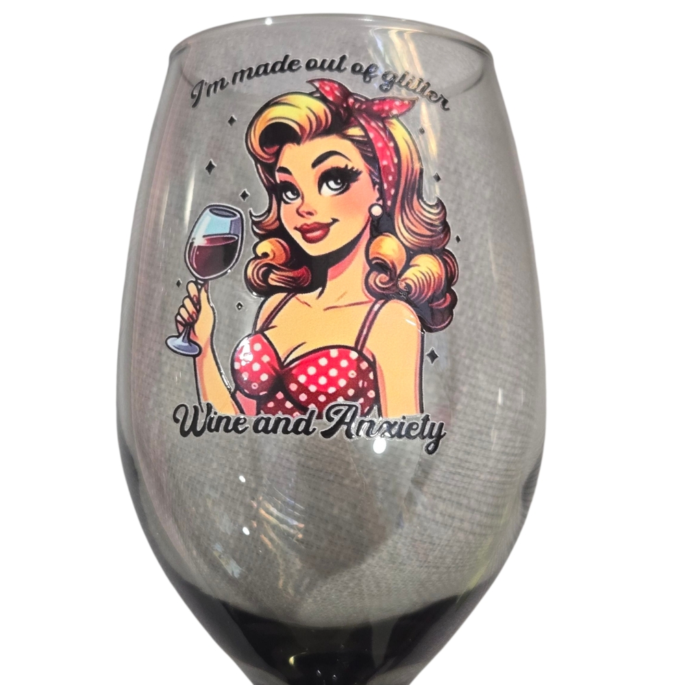 Wine Glass with Retro Sassy Pin-Up Design Hand Crafted, Wine & Anxiety